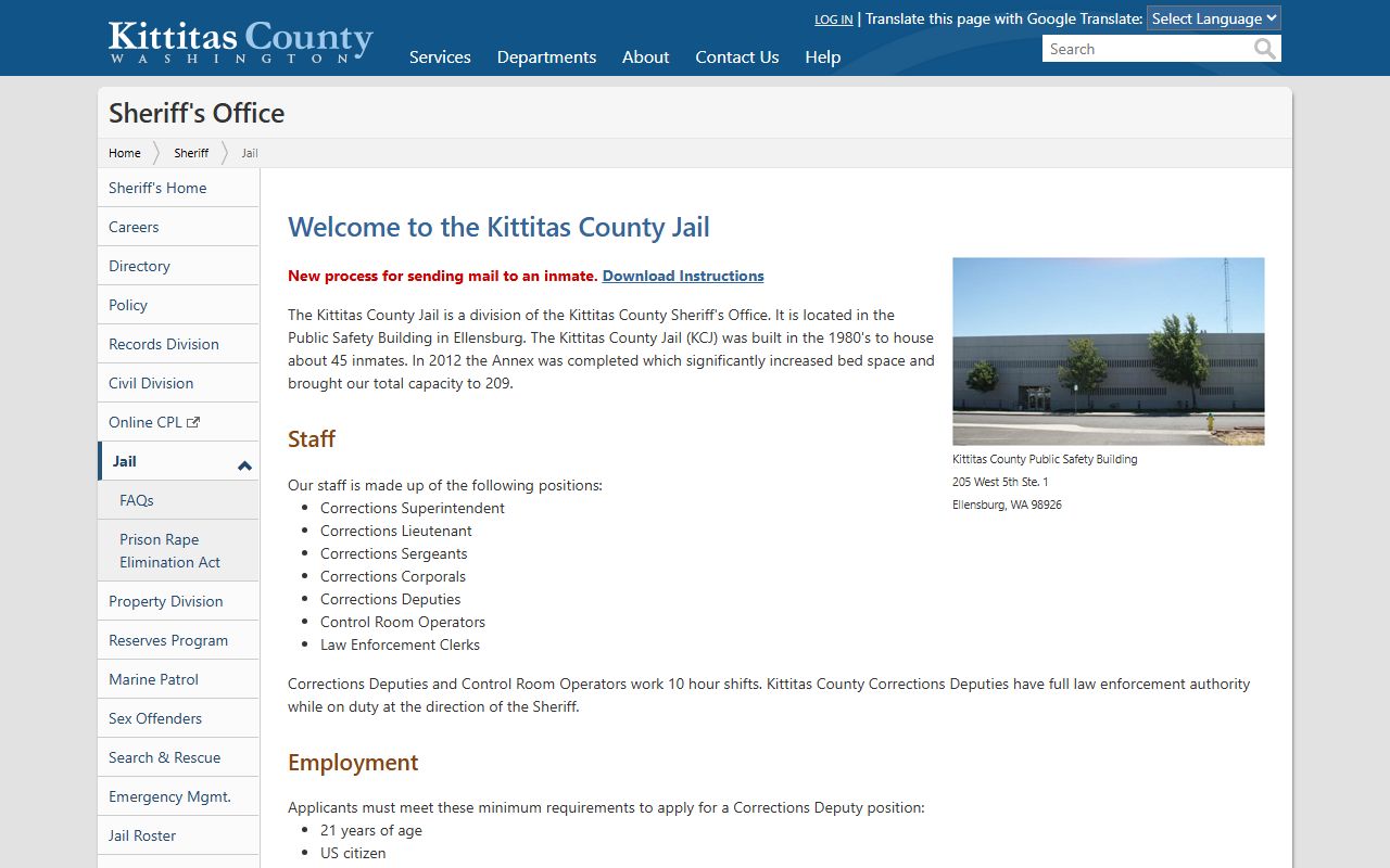 Kittitas County Jail inmate lookup facility page and custody information