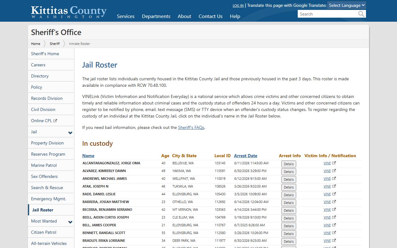 Kittitas County inmate roster table with Details buttons and VINE links