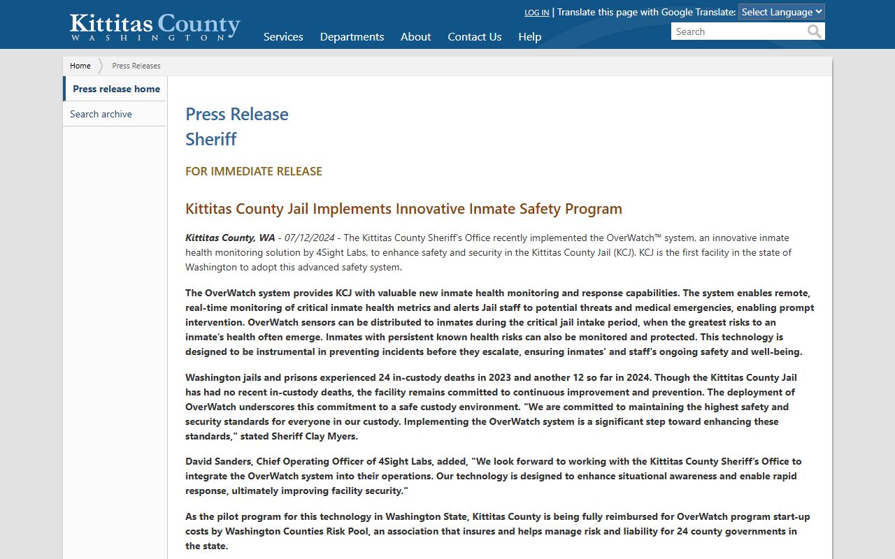 Kittitas County Jail inmate safety OverWatch press release