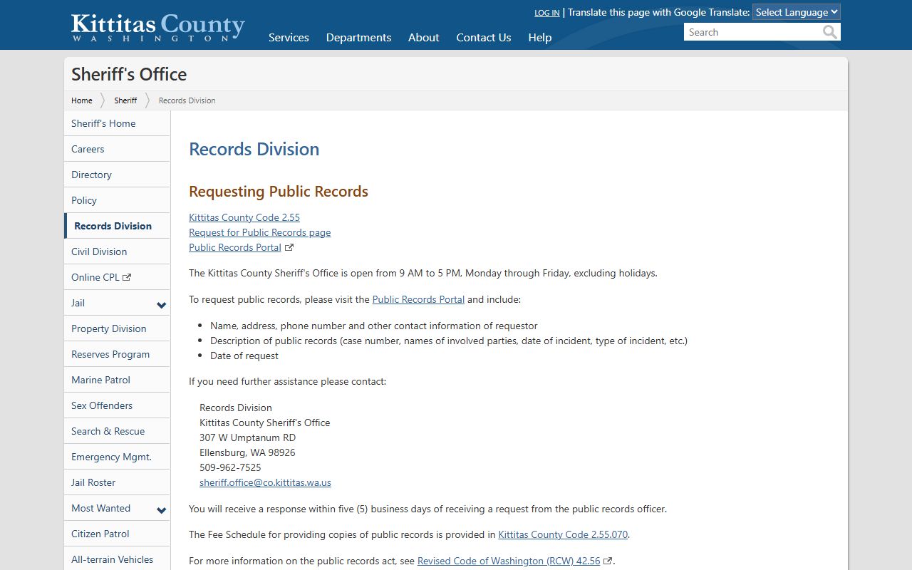 Kittitas County jail mugshots public records request instructions