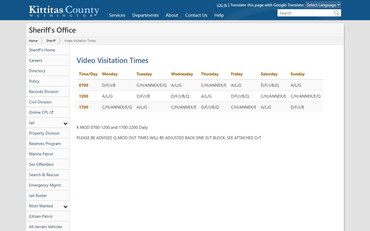 Kittitas County inmate records video visitation schedule by jail module